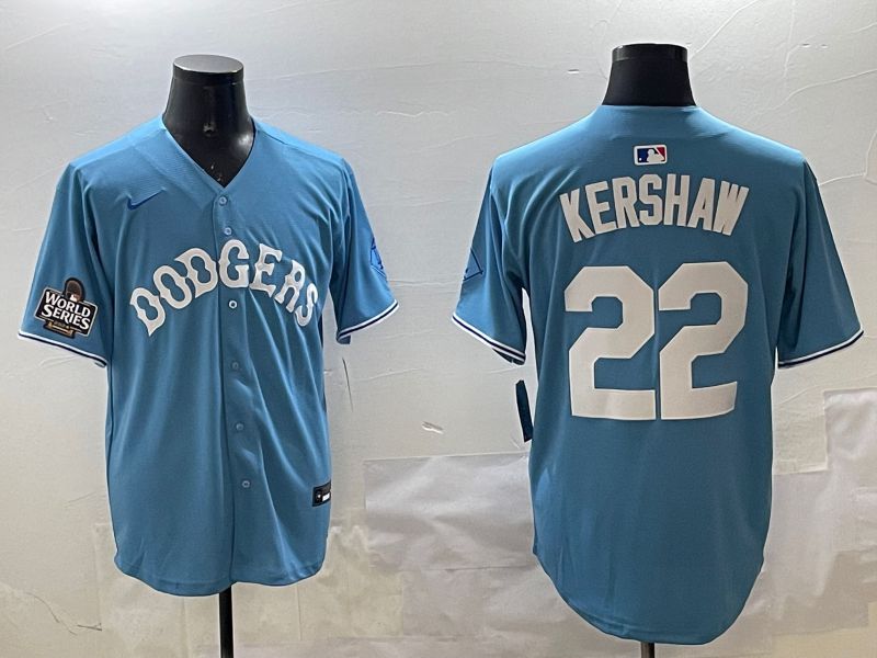 Men Los Angeles Dodgers 22 Kershaw Light Blue Joint Name 2025 Nike MLB Jersey style 2